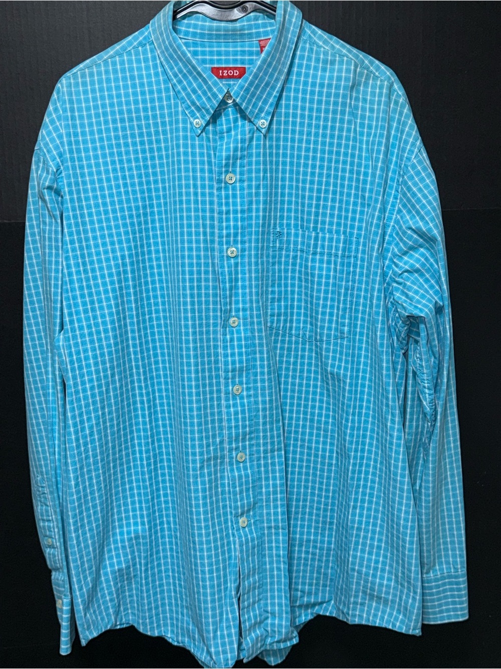 🪎 IZOD Men's Long Sleeve Plaid Button-Down Shirt – Turquoise Blue / Aqua Gingham
